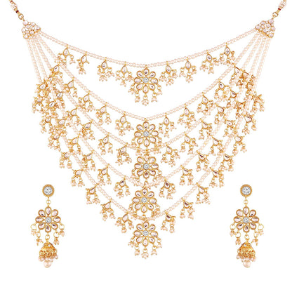 Women's Gold Plated Multi Strand Floral Kundan & Pearl Beaded Necklace Set