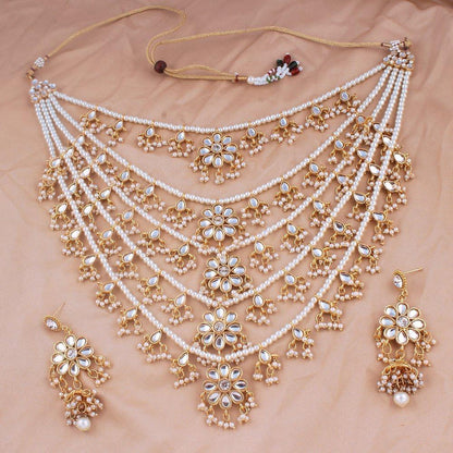 Women's Gold Plated Multi Strand Floral Kundan & Pearl Beaded Necklace Set