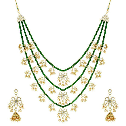 Women's 3 Layered Multi Strand Floral Green Kundan & Pearl Beaded Necklace