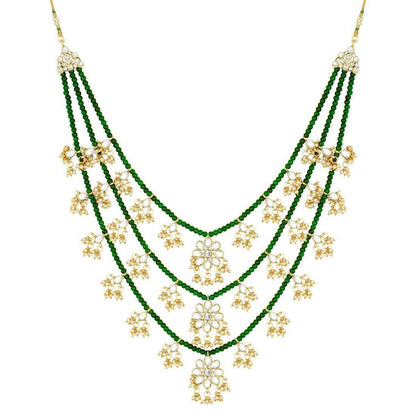 Women's 3 Layered Multi Strand Floral Green Kundan & Pearl Beaded Necklace