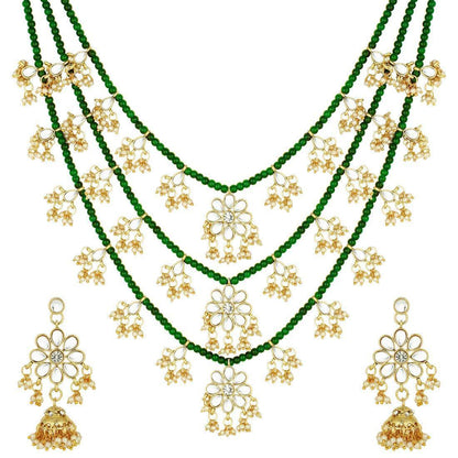 Women's 3 Layered Multi Strand Floral Green Kundan & Pearl Beaded Necklace