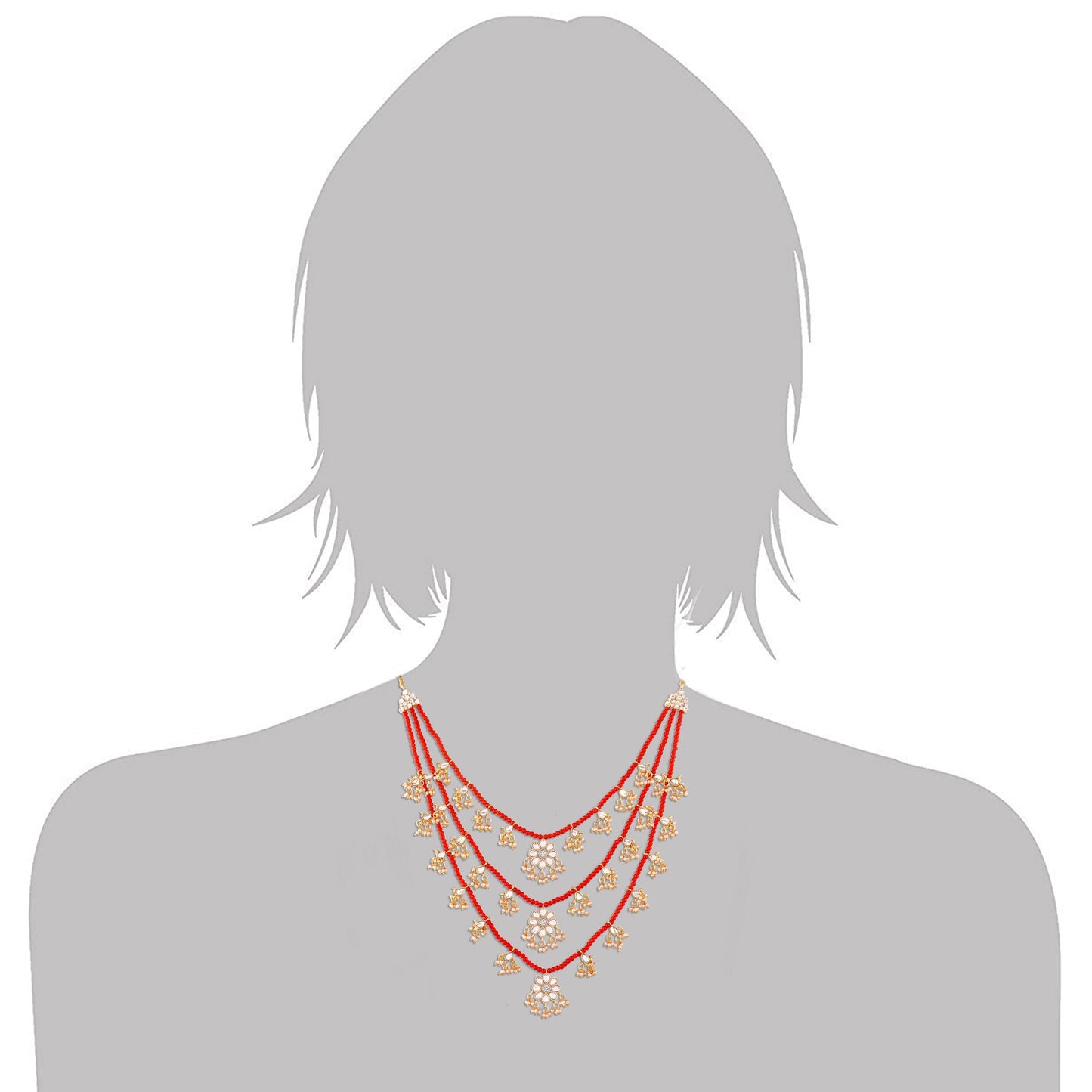 Women's 3 Layered Multi Strand Floral Red Kundan & Pearl Beaded Necklace