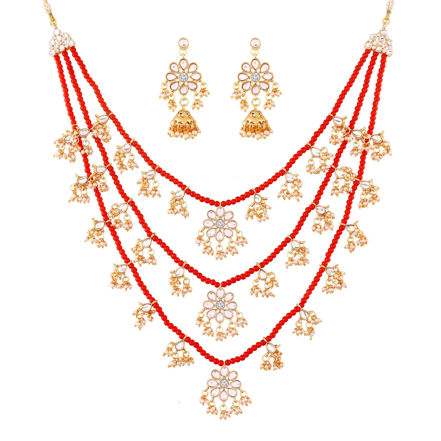 Women's 3 Layered Multi Strand Floral Red Kundan & Pearl Beaded Necklace