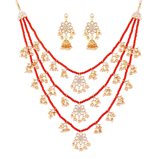 Women's 3 Layered Multi Strand Floral Red Kundan & Pearl Beaded Necklace