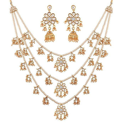 Women's 3 Layered Multi Strand Floral White Kundan & Pearl Beaded Necklace