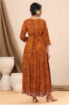 Women's Mustard Rayon Printed Flared Dress with Belt