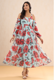 Women's Mint Chiffon Printed Flared Dress
