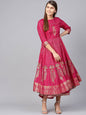 Women's Fuschia Shantoon Gold Foil Print Layered Kurta Dress