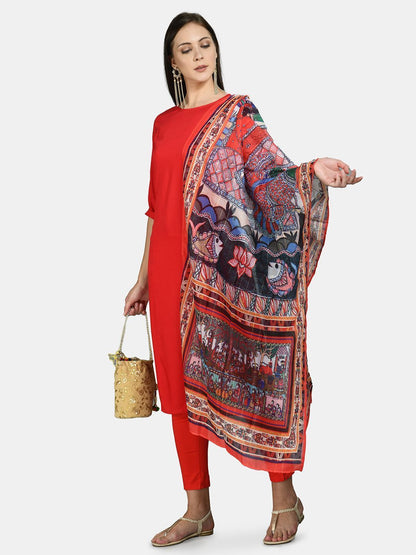Women's Red Cotton Solid 3/4 Sleeve Round Neck Casual Kurta Pant Dupatta Set