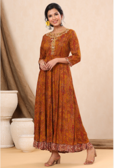 Women's Mustard Rayon Printed Flared Dress with Belt