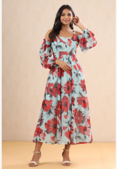 Women's Mint Chiffon Printed Flared Dress