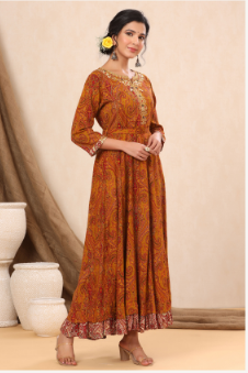 Women's Mustard Rayon Printed Flared Dress with Belt