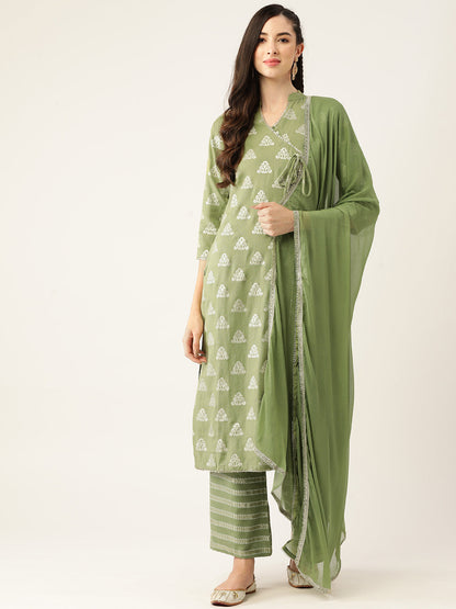 Women's Elaichi Color Rayon Blend Straight Printed Kurta Palazzo With Dupatta