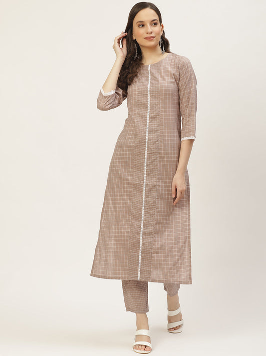 Women's Grey Color Cotton Blend Checked Striped Straight Kurta Pant Set