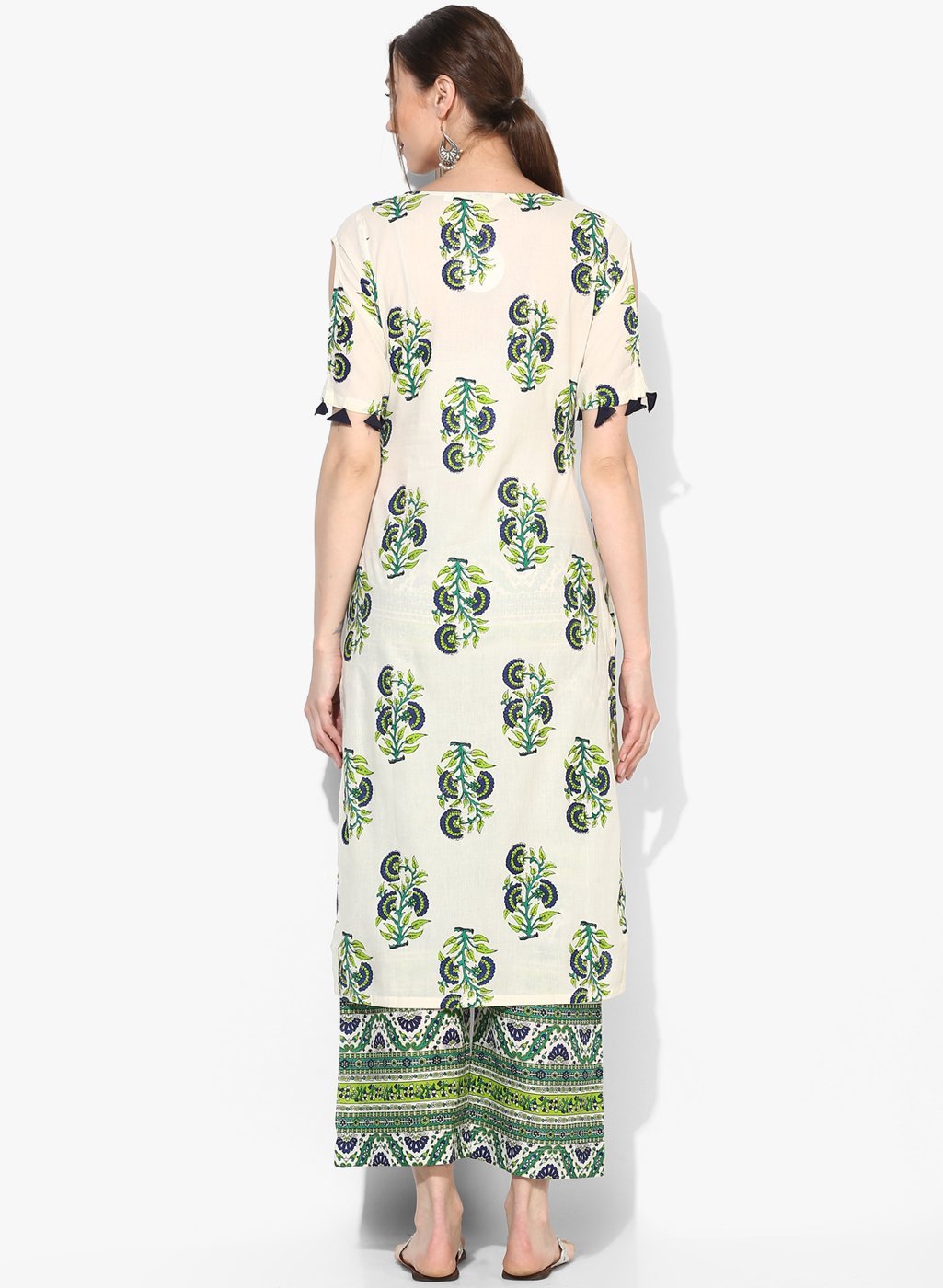 Women's White Cotton Blend Printed Short Sleeve V Neck Casual Kurta Set