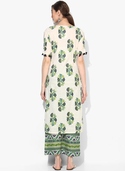 Women's White Cotton Blend Printed Short Sleeve V Neck Casual Kurta Set
