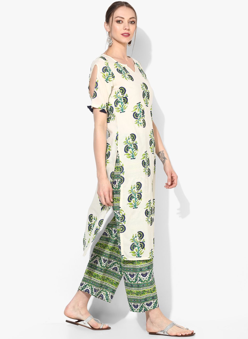 Women's White Cotton Blend Printed Short Sleeve V Neck Casual Kurta Set