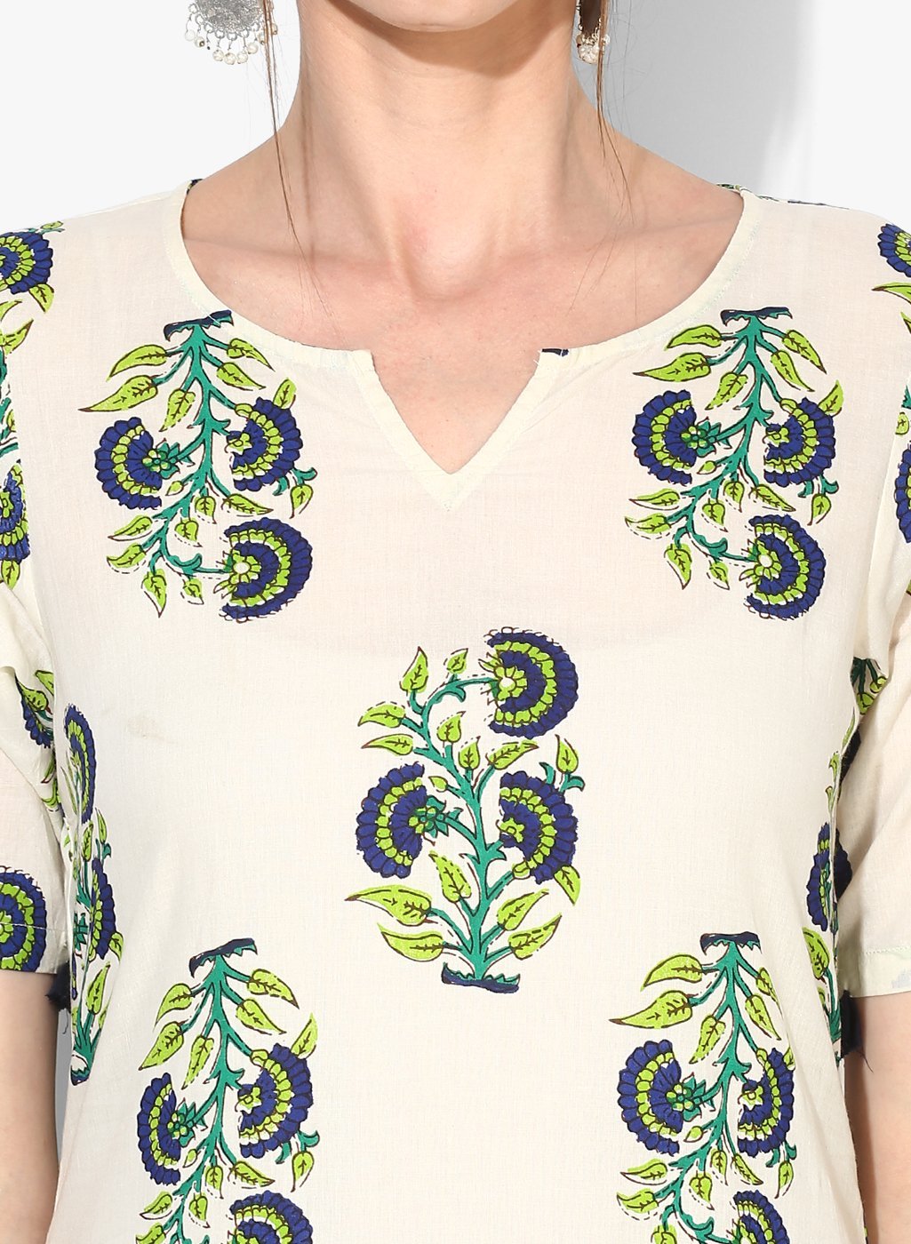 Women's White Cotton Blend Printed Short Sleeve V Neck Casual Kurta Set