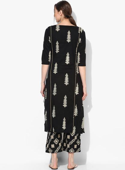 Women's Black Cotton Blend Printed 3/4 Sleeve Round Neck Casual Kurta Set
