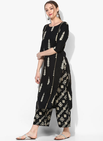 Women's Black Cotton Blend Printed 3/4 Sleeve Round Neck Casual Kurta Set