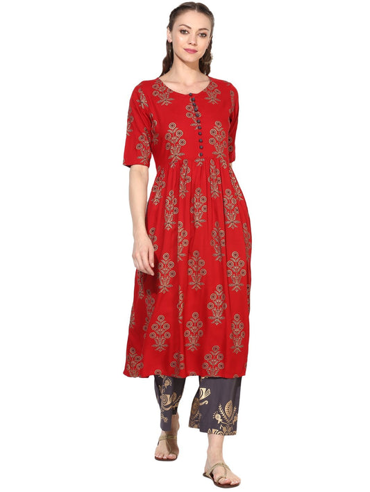 Women's Red Cotton Blend Printed Short Sleeve Round Neck Casual Kurta Set
