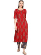 Women's Red Cotton Blend Printed Short Sleeve Round Neck Casual Kurta Set