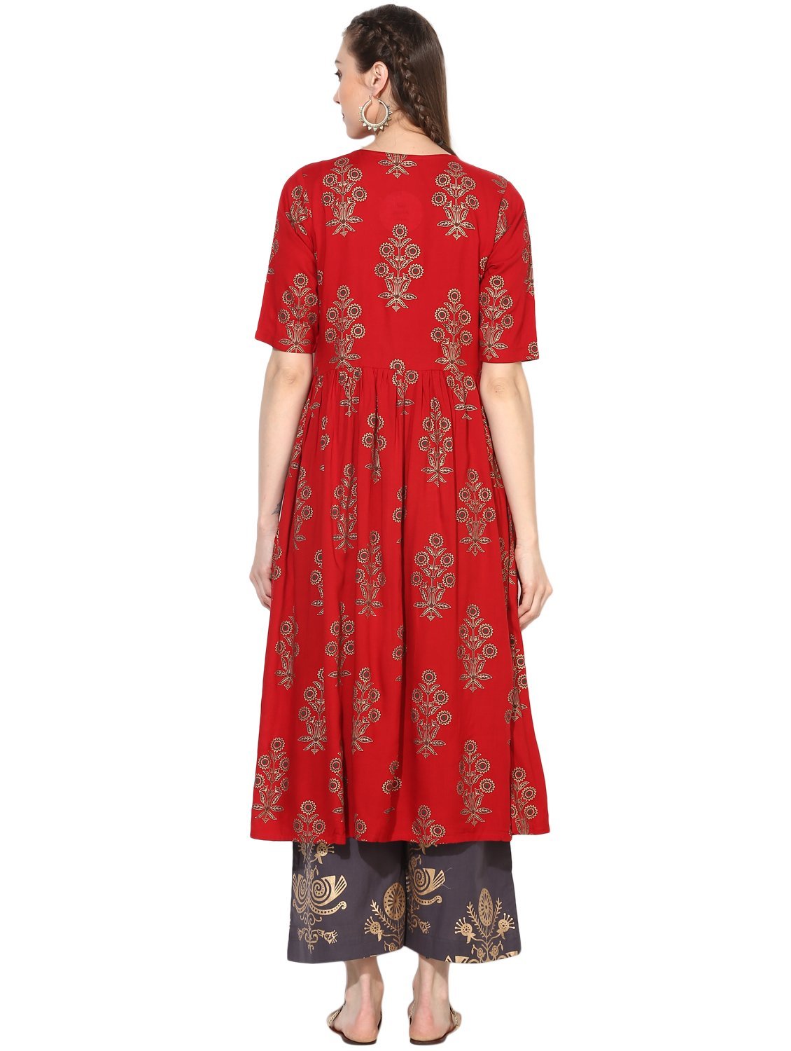 Women's Red Cotton Blend Printed Short Sleeve Round Neck Casual Kurta Set