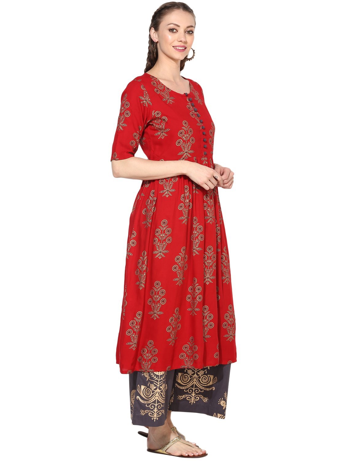Women's Red Cotton Blend Printed Short Sleeve Round Neck Casual Kurta Set