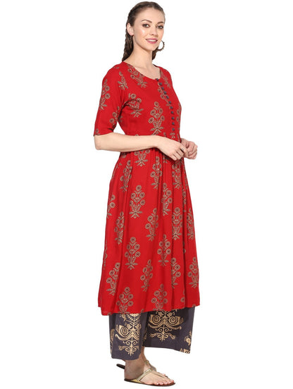 Women's Red Cotton Blend Printed Short Sleeve Round Neck Casual Kurta Set
