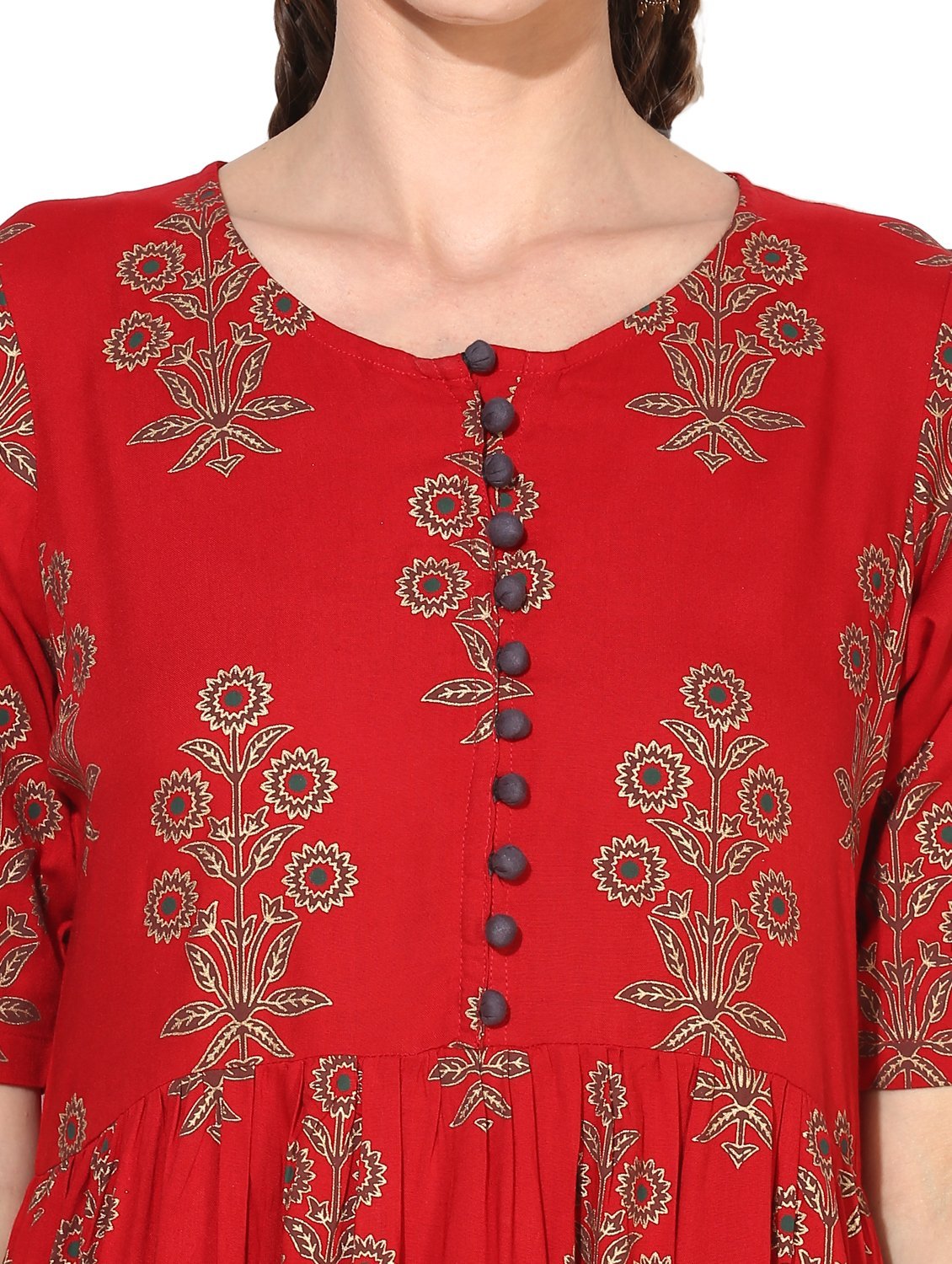 Women's Red Cotton Blend Printed Short Sleeve Round Neck Casual Kurta Set