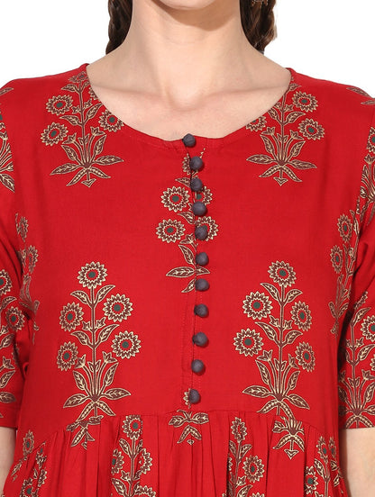 Women's Red Cotton Blend Printed Short Sleeve Round Neck Casual Kurta Set