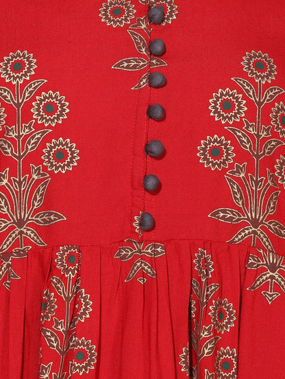 Women's Red Cotton Blend Printed Short Sleeve Round Neck Casual Kurta Set