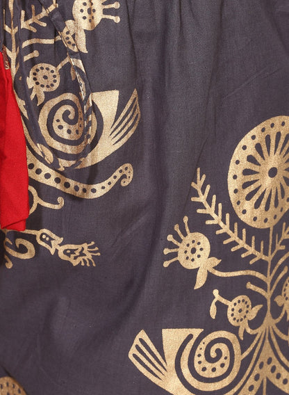 Women's Red Cotton Blend Printed Short Sleeve Round Neck Casual Kurta Set