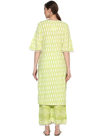 Women's Green Cotton Blend Printed Short Sleeve Round Neck Casual Kurta Set