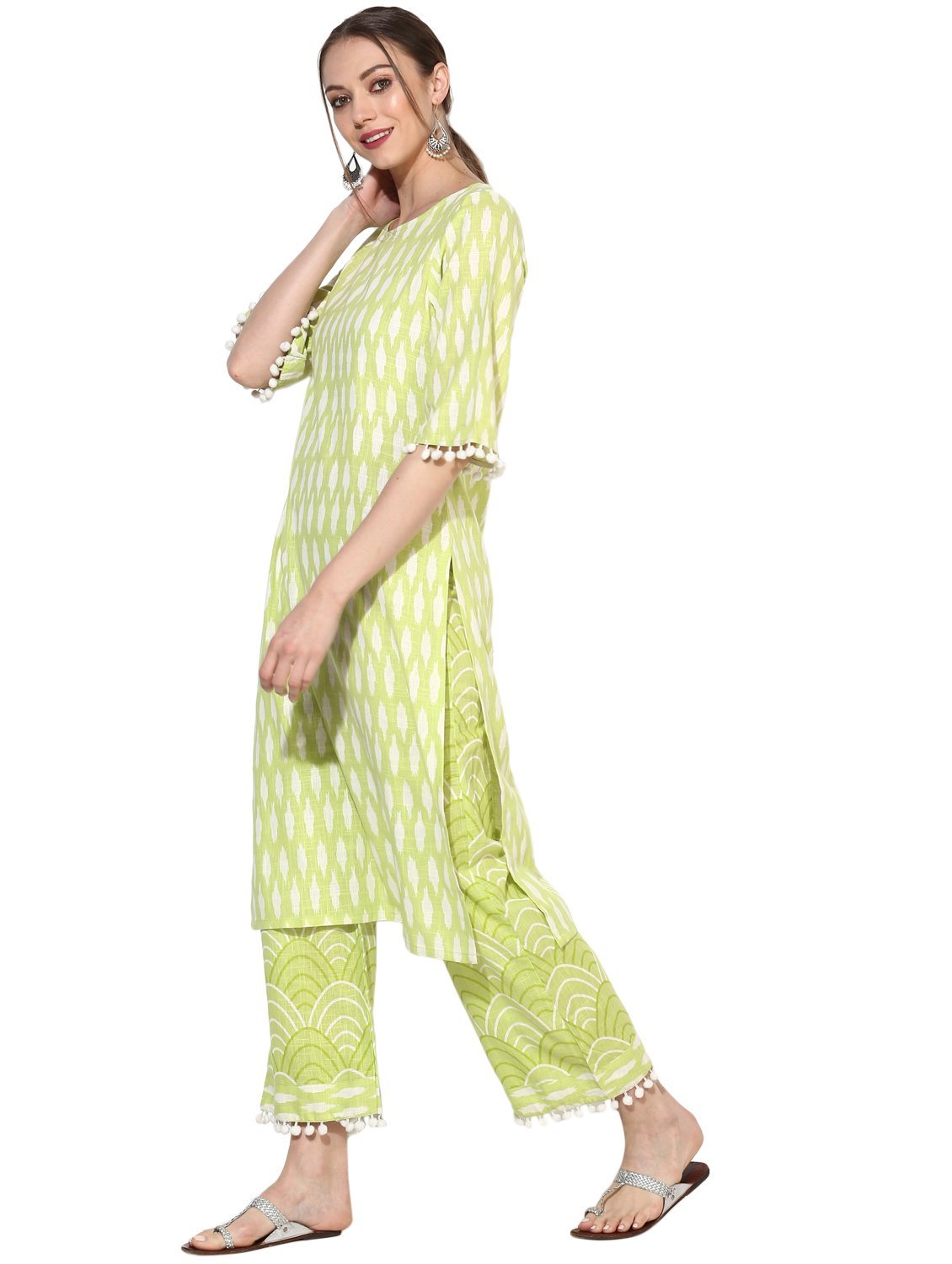 Women's Green Cotton Blend Printed Short Sleeve Round Neck Casual Kurta Set