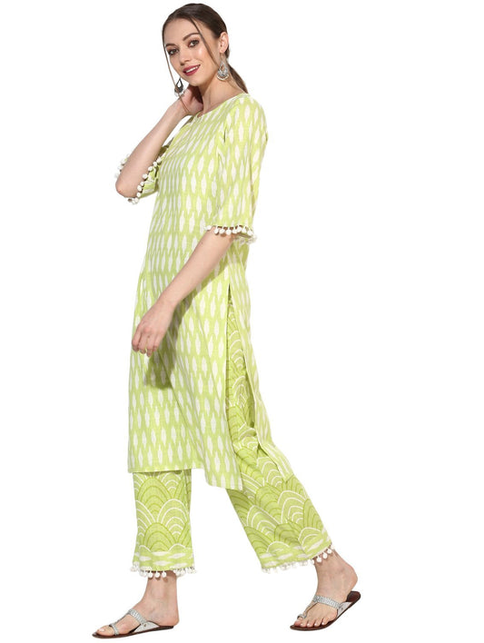 Women's Green Cotton Blend Printed Short Sleeve Round Neck Casual Kurta Set