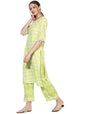 Women's Green Cotton Blend Printed Short Sleeve Round Neck Casual Kurta Set