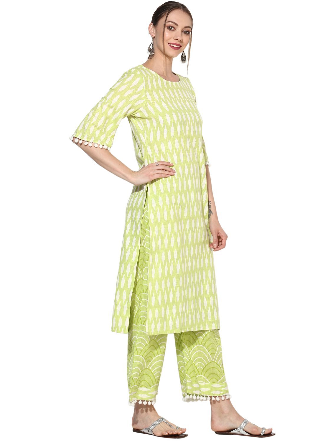 Women's Green Cotton Blend Printed Short Sleeve Round Neck Casual Kurta Set