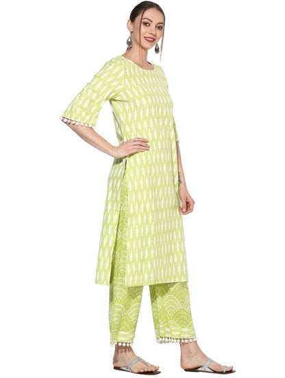 Women's Green Cotton Blend Printed Short Sleeve Round Neck Casual Kurta Set