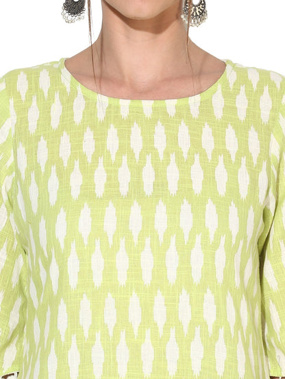 Women's Green Cotton Blend Printed Short Sleeve Round Neck Casual Kurta Set