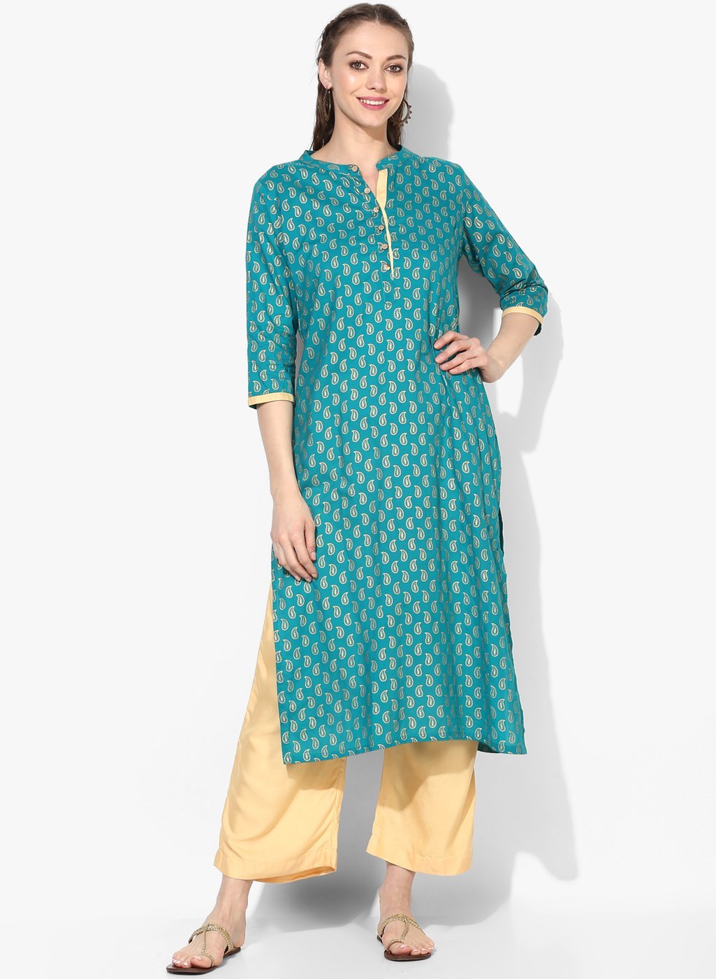 Women's Green Viscose Printed 3/4 Sleeve Round Neck Casual Kurta Set