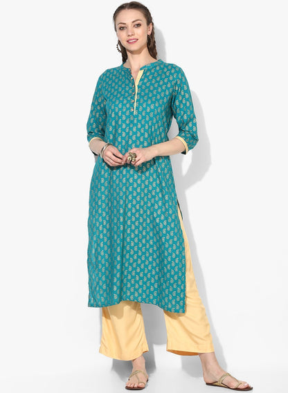 Women's Green Viscose Printed 3/4 Sleeve Round Neck Casual Kurta Set