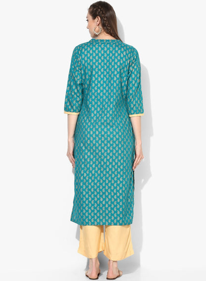 Women's Green Viscose Printed 3/4 Sleeve Round Neck Casual Kurta Set