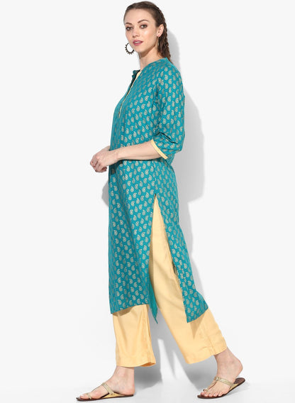 Women's Green Viscose Printed 3/4 Sleeve Round Neck Casual Kurta Set