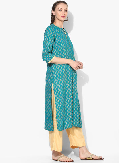 Women's Green Viscose Printed 3/4 Sleeve Round Neck Casual Kurta Set