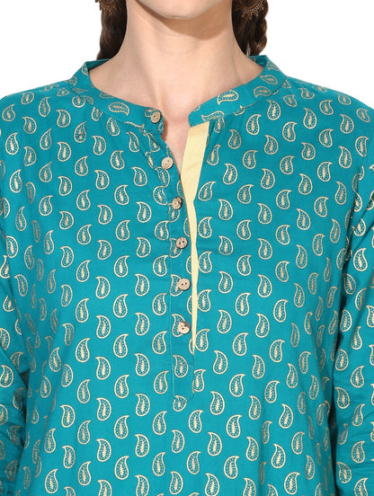 Women's Green Viscose Printed 3/4 Sleeve Round Neck Casual Kurta Set