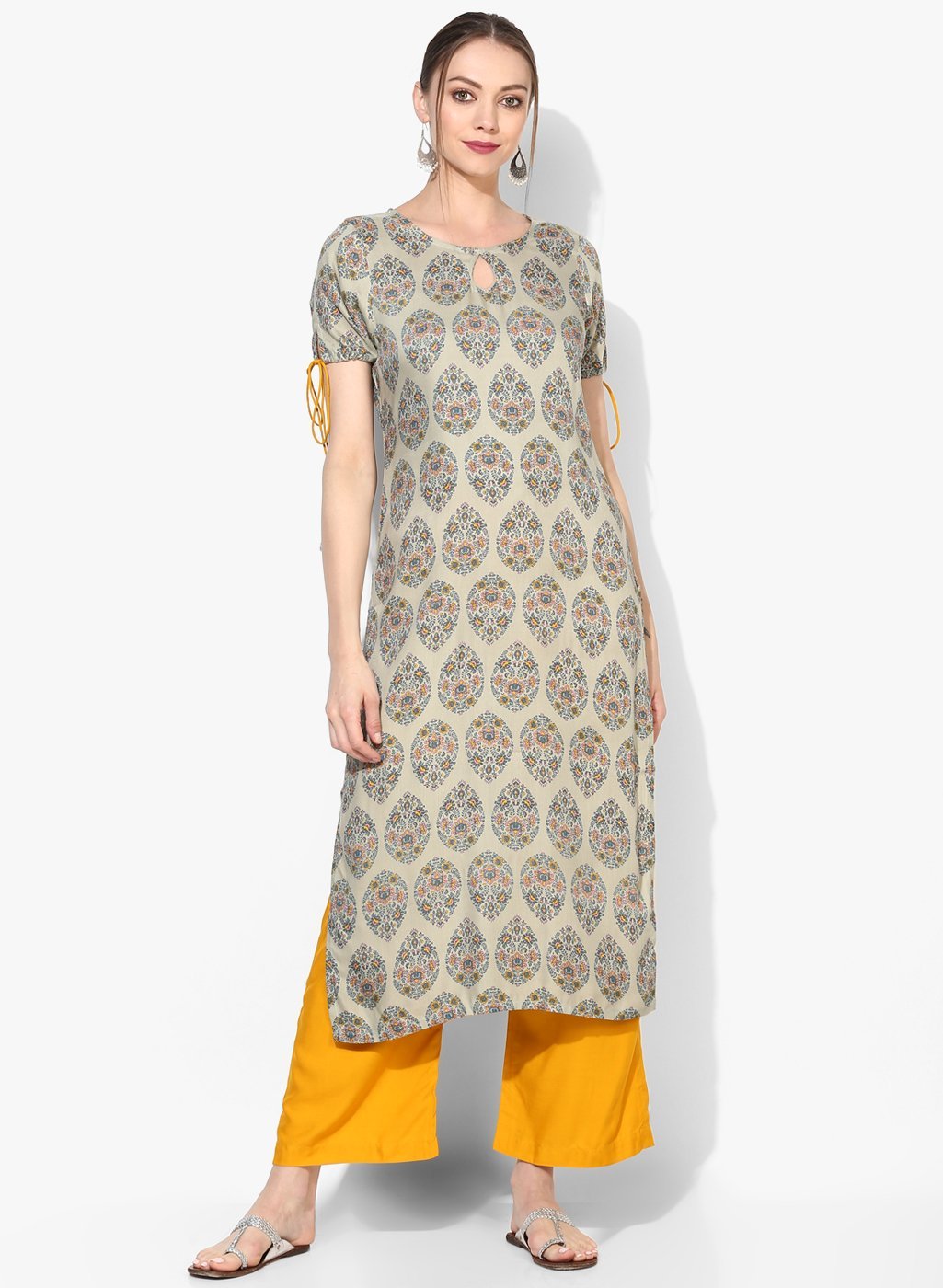 Women's Grey Cotton Blend Printed Short Sleeve Round Neck Casual Kurta Set