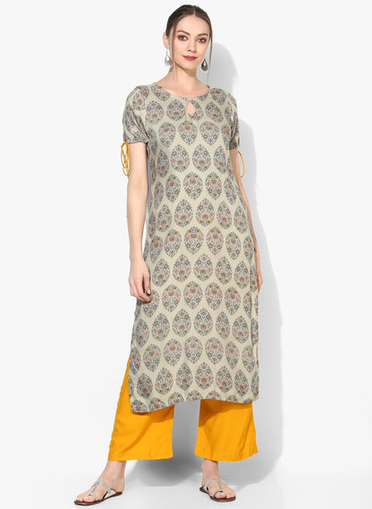 Women's Grey Cotton Blend Printed Short Sleeve Round Neck Casual Kurta Set