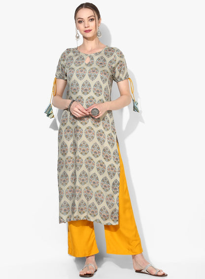Women's Grey Cotton Blend Printed Short Sleeve Round Neck Casual Kurta Set