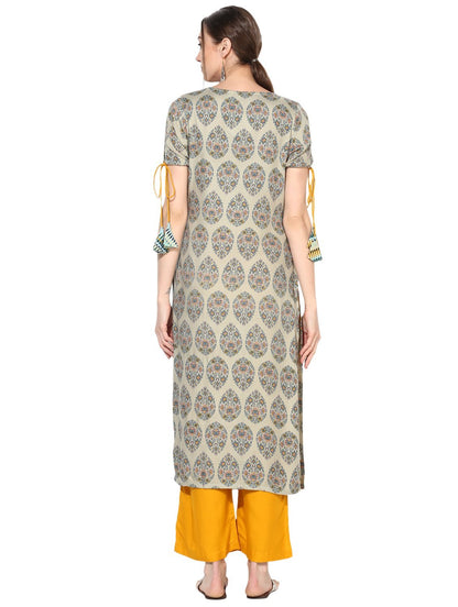 Women's Grey Cotton Blend Printed Short Sleeve Round Neck Casual Kurta Set